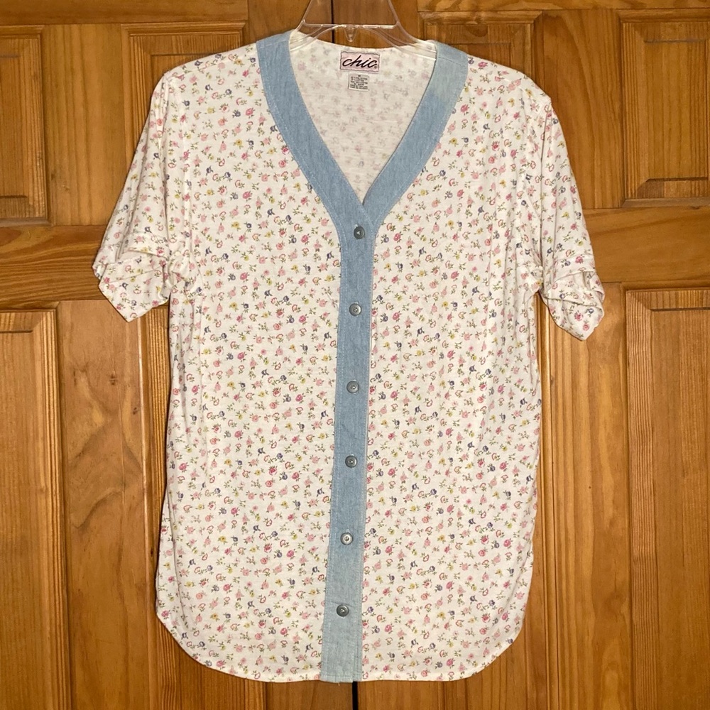 EUC Vintage 80s 90s Chic Top Short Sleeve Blouse White Blue Size M Medium